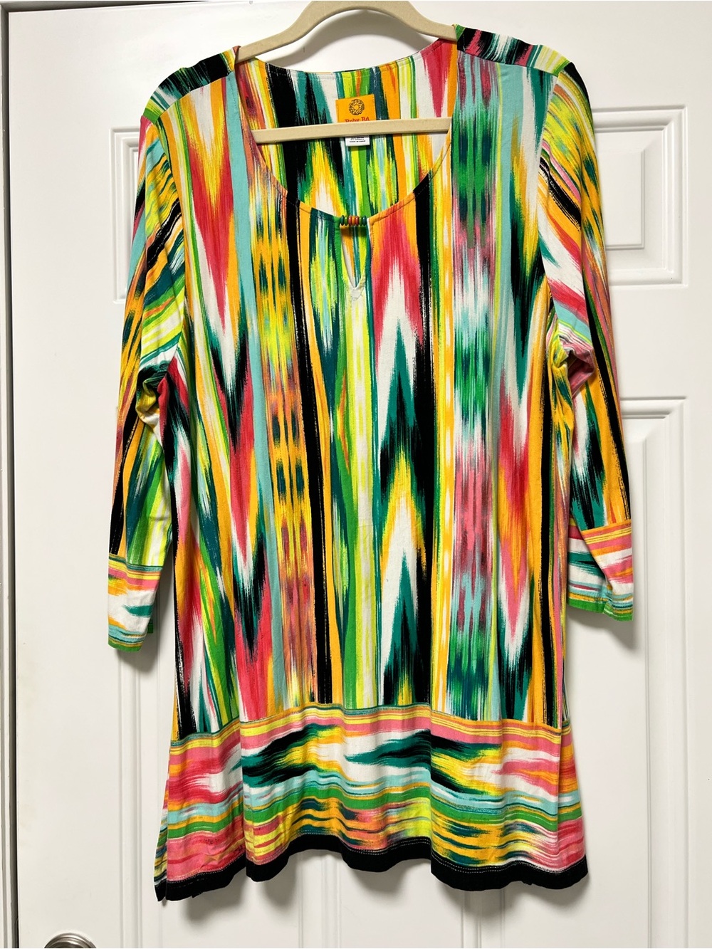 Ruby Rd. Multicolor Striped Ikat-Print Tunic — Green, Yellow, Pink, Black